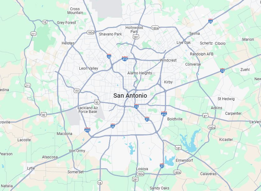 Map of San Antonio, Texas, showing highways, main roads, and neighboring areas such as Helotes, Live Oak, Schertz, Lackland AFB, and Alamo Heights.